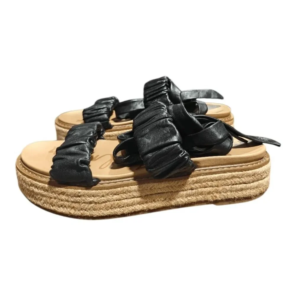 SAM EDELMAN Kerin Black Leather Wraparound Ankle Espadrille Platform Sandals Siz